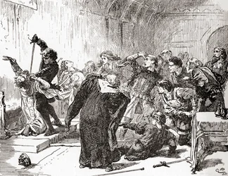 Una escena de la obra de William Shakespeare Hamlet, Acto V, Escena 2, Hamlet: ¡La punta también está envenenada! Entonces, veneno, a tu trabajo. (Apunala al rey), de Las Obras de William Shakespeare, publicado 1896