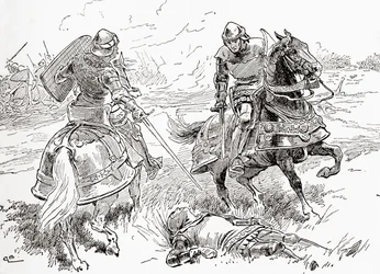 Una escena de la obra de William Shakespeare Rey Enrique IV, Parte 1, Acto V, Escena 3, Conde de Douglas: Todo está hecho, todo está ganado, aquí yace sin aliento el rey, de Las Obras de William Shakespeare, publicado 1896