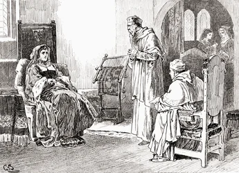 Una escena de la obra de William Shakespeare Rey Enrique VIII, Acto III, Escena 1, Reina Catalina: Hagan lo que quieran, mis señores, y por favor perdónenme, si me he comportado de manera descortés, de Las Obras de William Shakespeare