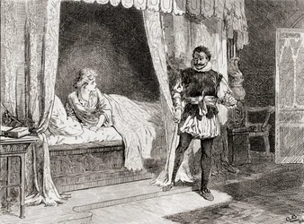 Una escena de la obra de William Shakespeare Otelo, Acto V, Escena 2, Desdémona: ¿Hablas de matar? Otelo: Sí, lo hago, de Las obras de William Shakespeare, publicada en 1896