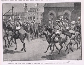 El regreso del General Ian Hamilton a Pretoria: su fuerza desfilando frente a Lord Roberts 30 de julio de 1900