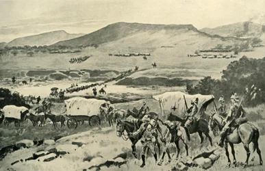 Generales French y Hutton cruzando el Vaal hacia el territorio de Transvaal, 1901