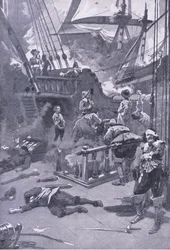 La batalla de Camperdown 29-31 de julio de 1653, ilustración de British Battles on Land and Sea, 1915