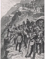 La retirada a La Coruña: arrojando la plata por la ladera de la montaña, ilustración de 