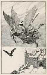 El compañero de viaje voló detrás de ella, de Cuentos de hadas de Hans Anderson, pub 1919 (grabado)