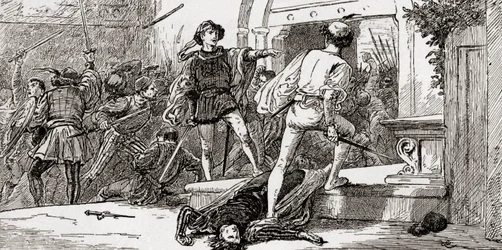 Tybalt asesinado por Romeo, escena de Romeo y Julieta de William Shakespeare, Acto III, Escena 1, de Las Obras de William Shakespeare, publicado 1896