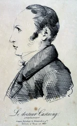 Retrato del Dr. Castaing, envenenador. Usó sal de morfina, hidrocloruro para matar a su amigo Hippolyte Ballet en 1823. Fue ejecutado en París en 1824. Litografía de Engelmann a partir de un boceto realizado en la sesión del 11 de noviembre