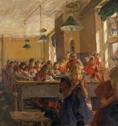 Lección de costura en el orfanato (óleo sobre lienzo)