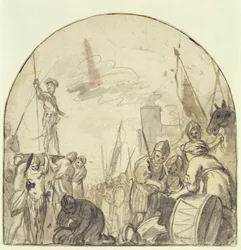Brinio siendo levantado en su escudo por sus guerreros