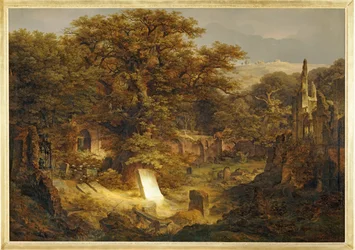 Paisaje con lápida y ruinas ...