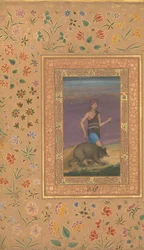 Derviche guiando un oso, Folio del Álbum Shah Jahan, recto: ca. 1630-40, verso: ca. 1530-40