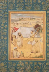 Músicos y cantantes arrodillados en las afueras de un campamento mogol. Un yogui y un sirviente los escuchan, del Álbum Minto, c.1630