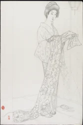 Dibujo preparatorio para Mujer en ropa interior de kimono
