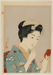 Mujer Aplicando Pintalabios, era Taisho, febrero de 1920 (grabado en madera a color)