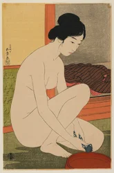 Mujer bañándose, era Taisho, octubre 1915 (xilografía en color)