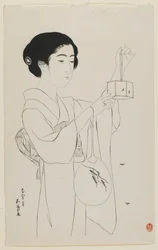 Mujer Sosteniendo una Jaula de Luciérnagas, era Taisho, julio de 1920