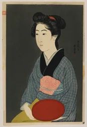 Mujer sosteniendo una bandeja, era Taisho, enero de 1920