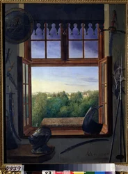 Vista del Parque de Alejandro desde la ventana de la armería del Palacio de Tsarkoye Selo (actual Pushkin). Trabajo de la