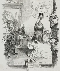 Perro y puercoespín, caricatura de Jean-Jacques Grandville (1803-1847), litografía de Giovanni Mariani de Poliorama Pittoresco, n 38, 30 de abril