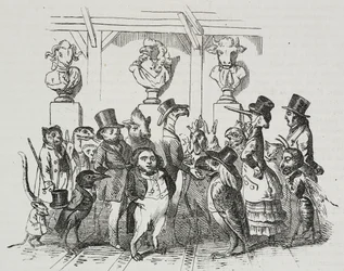Salida del teatro, caricatura de Jean-Jacques Grandville, litografía de Giovanni Mariani de Poliorama Pittoresco, n 39, 7 de mayo