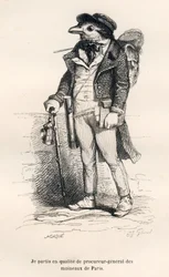 El fiscal general de los gorriones de París. Viñetas ilustradas por JJ Granville. Grabado firmado por Caque en la parte titulada "Viaje de un gorrión de París" escrito por George Sand en "Escenas de la vida privada y pública de los animales". París, J. Het