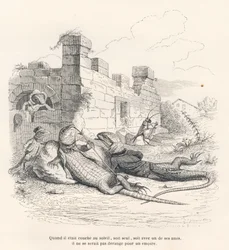 Lagarto fumando al sol con uno de sus amigos. Viñetas ilustradas por JJ Granville. Grabado firmado Andrew, Best y Leloir en la parte titulada "Recuerdos de una vieja corneja" escrito por PJ Stahl en "Escenas de la vida privada y pública de los animales". P