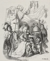 León de África, personaje de la historia del León Africano y tres leones jóvenes nativos, litografía de Filippo Molino después de un dibujo de Jean-Jacques Grandville