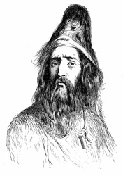 retrato de Robinson Crusoe después de 11 años en su isla deserte - ilustración de Grandville para la novela de Daniel De Foe (Defoe) - edición Garnier 1869 p 138.