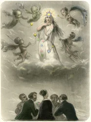 Alegoría de una joven rodeada de 4 suspirantes, que se compara con un planeta alrededor del cual gravitan cuatro satélites, uno de los cuales se convertirá en su sol. Grabado de Grandville que ilustra un capítulo del libro de Mery: "Las estrellas"