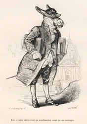 Asno académico cargado de obras. Viñetas ilustradas por J. J. Grandville. Grabado firmado por Caque en la sección titulada «Guía del asno para uso de los animales que quieren alcanzar los honores», escrita por Honoré de Balzac, en «Escenas de la vida