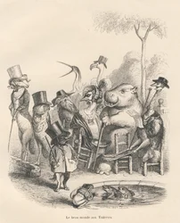 Animales con trajes elegantes paseando por las Tullerías. Viñetas ilustradas por JJ Granville. Grabado firmado Andrew, Best y Leloir en la parte "Historia de una liebre" escrito por PJ Stahl en "Escenas de la vida privada y pública de los animales". París