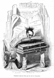 Viñeta: Crisálida de un erudito enterrado en los libros de una biblioteca - Grabado de Grandville, extraído del libro "Vida privada y pública de los animales (Les animaux pintés par les memes)", edición Hetzel 1867 p. 563 - Capítulo titulado Tablas del G