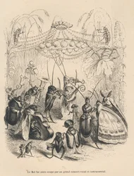 Concierto de insectos en un baile. Viñetas ilustradas por JJ Granville. Grabado firmado Godard en la parte titulada "Las aventuras de una mariposa" escrito por PJ Stahl en "Escenas de la vida privada y pública de los animales". París, J. Hetzel y Paulin