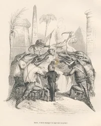 Cocodrilos alrededor de una mesa en Egipto. Vinetas ilustradas por JJ Granville. Grabado firmado por Andrew, Best y Leloir en la parte titulada "Memorias de un cocodrilo" escrito por Emile de La Bedolliere en "Escenas de la vida privada y pública de los an