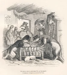 Tan pronto como puse un pie en la isla, fui asaltado por animales extraños al servicio del estado. Viñetas ilustradas por JJ Granville. Grabado firmado por Porret en la parte titulada "Viaje de un gorrión de París" escrito por George Sand en "Escenas de la