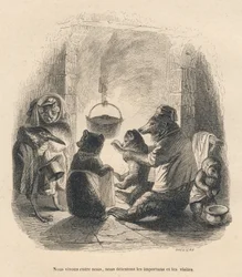 Deux visiteurs viennent importuner la famille ours assise devant la cheminee a l