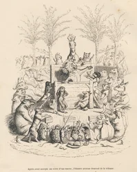 Discurso político del león en una tribuna rodeado de todos los demás animales. Viñetas ilustradas por JJ Granville. Grabado firmado por Godard en el prólogo titulado "Resumen parlamentario" escrito por PJ Stahl en "Escenas de la vida privada y pública de l