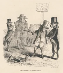 Duelo en el bosque de Boulogne. Viñetas ilustradas por JJ Granville. Grabado firmado Breviere en la parte "Historia de una liebre" escrito por PJ Stahl en "Escenas de la vida privada y pública de los animales". París, J. Hetzel y Paulin