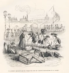 Hormigas en plena actividad en las orillas del Sena. Viñetas ilustradas por JJ Granville. Grabado firmado por Porret en la parte titulada "Viaje de un gorrión de París" escrito por George Sand en "Escenas de la vida privada y pública de los animales". Parí