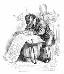 Grabado Grandville del libro "Vida privada y pública de los animales (Les animaux painted par eux memes)", edición Hetzel 1867 - Caricatura: jabalí escribiendo una petición.