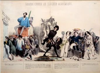 Gran carrera a la torre del campanario académico. Se reconocen los escritores Alfred de Vigny (1797-1863), Eugene Sue (1804-1857), Alexandre Dumas (1802-1870) y Honoré de Balzac (1799-1850). Grabado por Gerard Grandville (1803-1847)