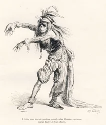 Entonces estallan tantas pasiones animales en el hombre, que no se podría dudar de su afinidad. Viñetas ilustradas por JJ Granville. Grabado firmado Porret en la parte titulada "Viaje de un león de África a París" escrito por Honoré de Balzac en "Escenas d