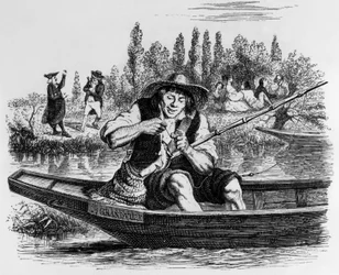 La fábula de La Fontaine (de Jean de La Fontaine) : El pececillo y el pescador, grabado de J.J. Grandville, c. 1838-40