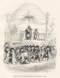 La reina de las abejas y su ejército. Viñetas ilustradas por JJ Granville. Grabado firmado Andrew, Best y Leloir en la parte titulada "Viaje de un gorrión de París" escrito por George Sand en "Escenas de la vida privada y pública de los animales". París, J