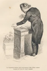 El camaleón declara que está feliz y orgulloso de estar siempre de acuerdo con todos. Viñetas ilustradas por JJ Granville. Grabado firmado por Caque en el prólogo titulado "Resumen parlamentario" escrito por PJ Stahl en "Escenas de la vida privada y públic