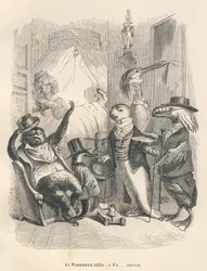 El perezoso bosteza mientras espera. Viñetas ilustradas por JJ Granville. Grabado firmado Godard en la parte titulada "Los animales médicos" escrito por Pierre Bernard en "Escenas de la vida privada y pública de los animales". París, J. Hetzel y Paulin