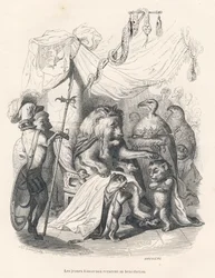 Los jóvenes leones reciben la bendición del rey león. Viñetas ilustradas por JJ Granville. Grabado firmado por Breviere en la parte titulada "Viaje de un león de África a París" escrito por Honoré de Balzac en "Escenas de la vida privada y pública de los a