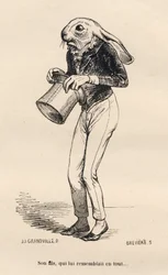 Liebre miedosa con traje de dandi. Viñetas ilustradas por JJ Granville. Grabado firmado Breviere en la parte "Historia de una liebre" escrito por PJ Stahl en "Escenas de la vida privada y pública de los animales". París, J. Hetzel y Paulin