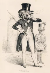 León de París. Viñetas ilustradas por JJ Granville. Grabado firmado Andrew, Best y Leloir en la parte titulada "Viaje de un león de África a París" escrito por Honoré de Balzac en "Escenas de la vida privada y pública de los animales". París, J. Hetzel y P