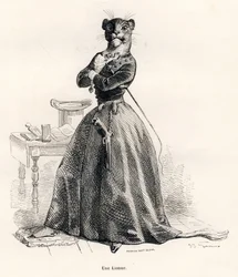 Leona con una pistola y un látigo. Viñetas ilustradas por JJ Granville. Grabado firmado por Andrew, Best y Leloir en la parte titulada "Viaje de un león de África a París" escrito por Honoré de Balzac en "Escenas de la vida privada y pública de los animale